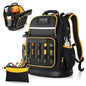 Heavy-duty tool backpack with detachable tool storage pockets, large capacity storage bags, and multi-functional slip pockets.