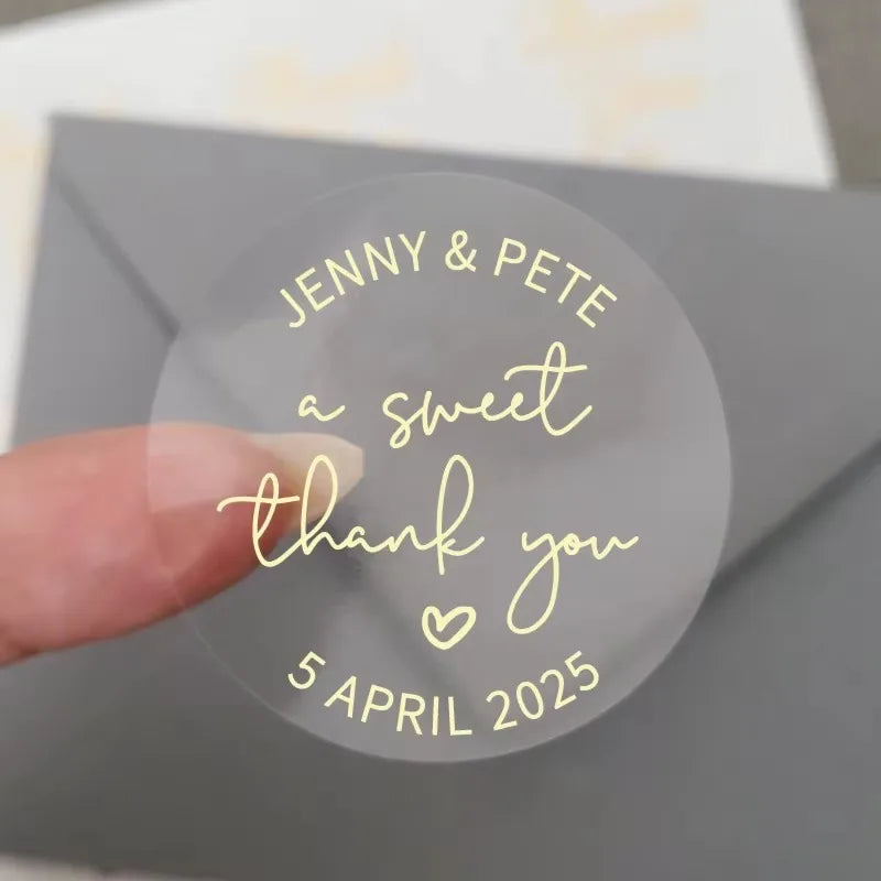 50pcs Custom Transparent Wedding Stickers, Square Transparent Stickers, Personalized Wedding Stickers with Gold Foil Labels