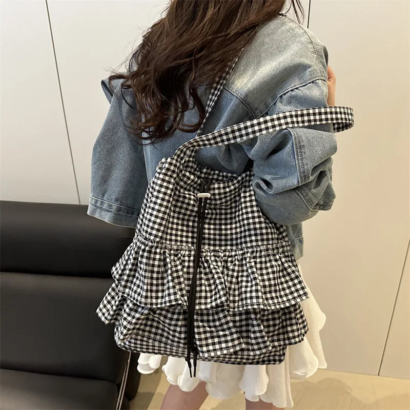 Cute Plaid Cotton Tote Bag Large Capaci Lace Trim Women's Summer 2026 Simple Lady Handbag Soft Shoulder Bags Bolsa Feminina