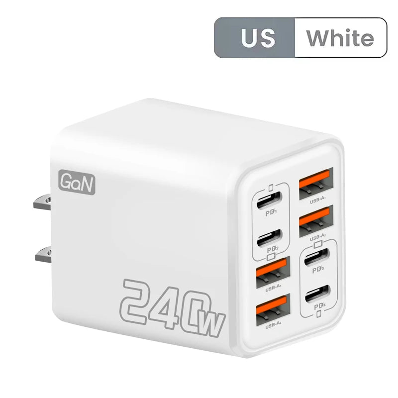 Ładowarka GaN USB C 240 W 8 w 1 Szybkie ładowanie Ładowarka do telefonu Zasilacz do iPhone'a Samsung Xiaomi Typ C Ładowarka ścienna z wtyczką EU/US