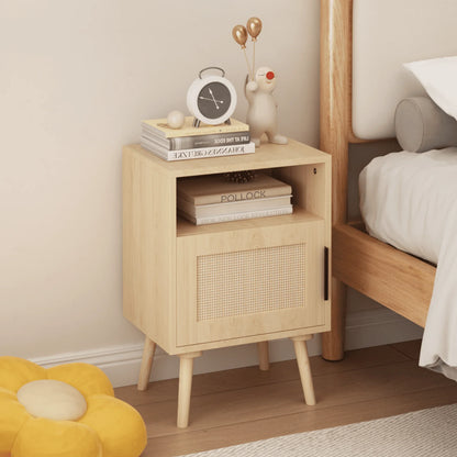 Nightstand with Door and Open Shelf Rattan Bedside Table for Compact Bedrooms Apartments