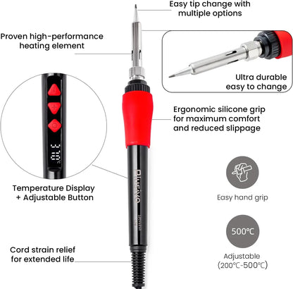 60W LED Soldering Iron Kit, 21-in-1 Fast Heating, 5 Tips, Stand, Pump, Wire Stripper, for Electronics Repair DIY 120V