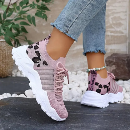 Leopard Print Knit Women's Sneakers Breathable Mesh Lace Up Casual Walking Shoes Non-Slip Thick Sole Fashion Sport Trainers for