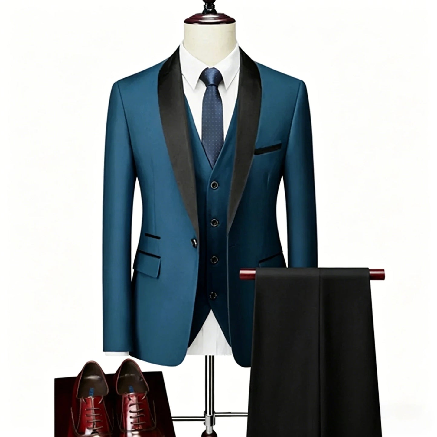 ( Jacket + Vest + Pants ) Men's 3 Piece Tuxedo Suit Set, Beige Blazer with Black Shawl Lapel for Wedding, Groom, Formal Party