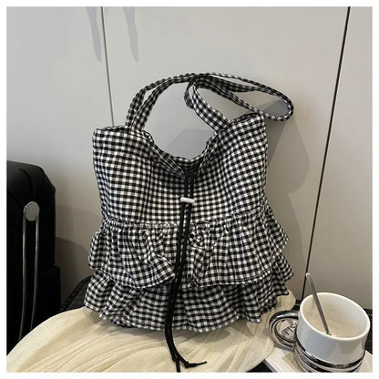 Cute Plaid Cotton Tote Bag Large Capaci Lace Trim Women's Summer 2026 Simple Lady Handbag Soft Shoulder Bags Bolsa Feminina