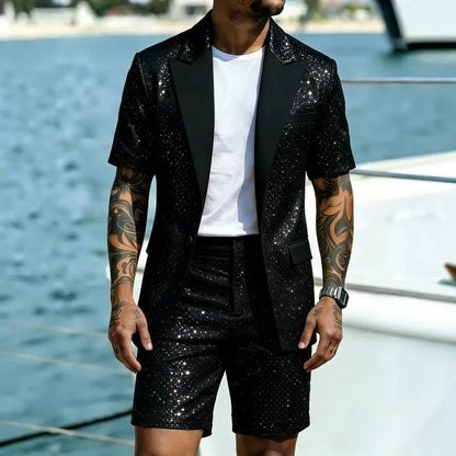 KIDWHXR Man Summer 2-piece Outfit Patchwork Short Sleeve Blazer Male Straight-leg Shorts Men Sequins Wedding Party Suit Set