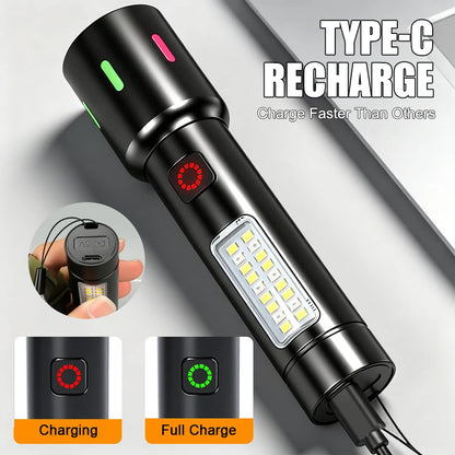 LED+COB Portable Flashlight Zoomable Small Torch USB Rechargeable Outdoor Camping Fishing Long Range Camping Emergency Lantern