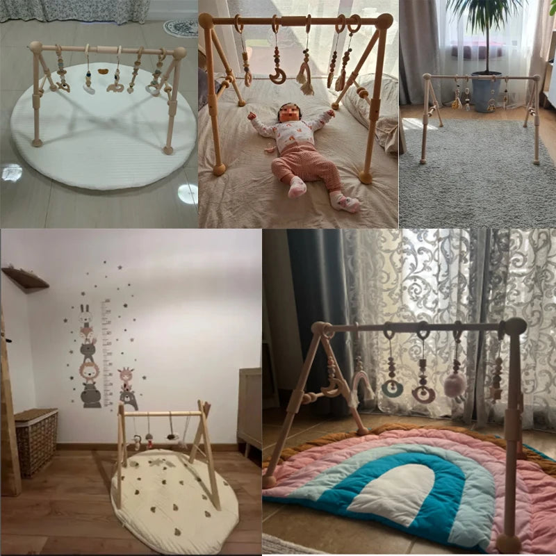 1set Baby Wooden Rattle Toys Play Gym Mobile Hanging Sensory Toys Foldable Play Gym Frame Activity Gym Baby Room Decorations Toy