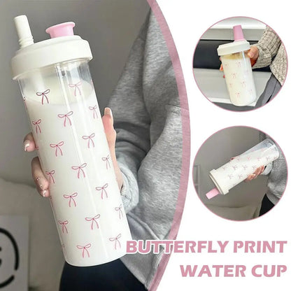 500/700Ml Pink Bow Water Cup With Straw Coffee Bubble Milk Tea Plastic Cup Large Capacity Students Water Bottle Straw Bottle