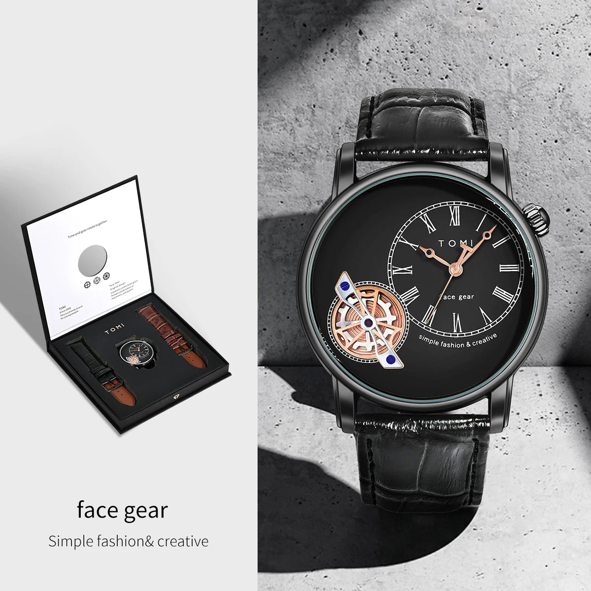 TOMI Set Gift Box Luxury and Fashionable Men's Quartz Watch Leisure Calendar Double Strap Quartz Watch Festival Gift