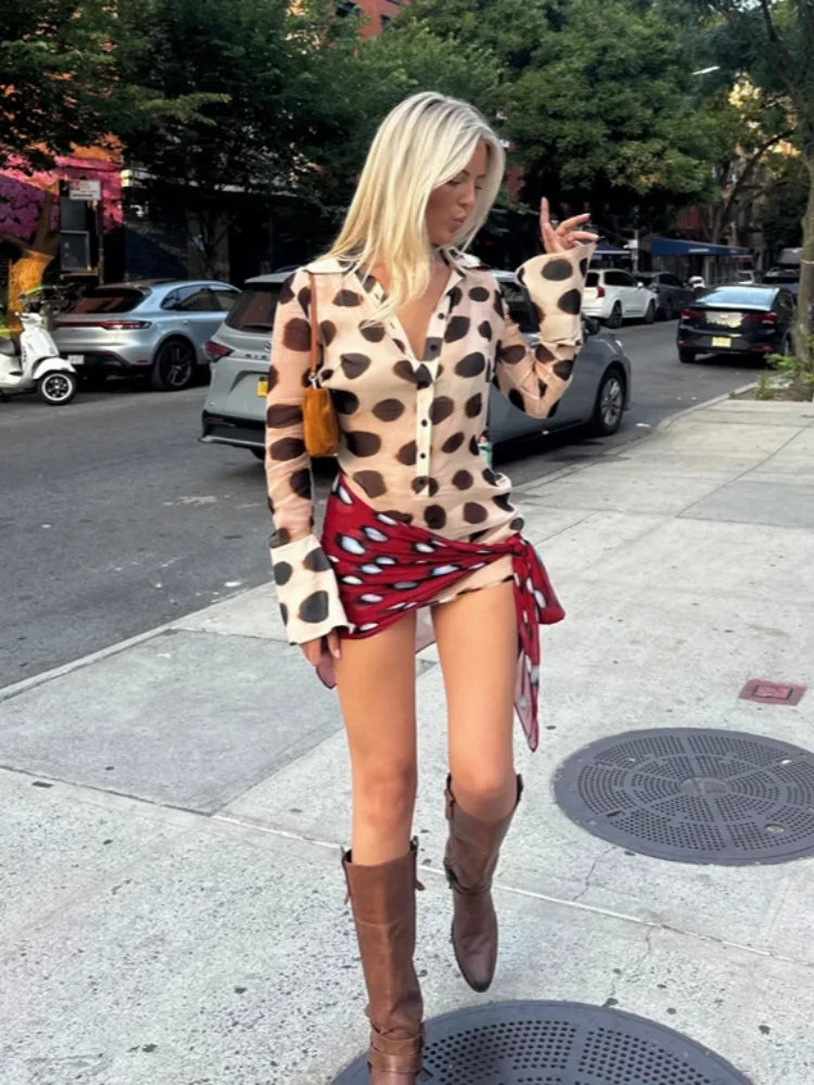 Sexy Printed Shirt-style Women's Dress Full Sleeve Turn-down Collar Button Detachable Scarf Dresses 2026 Summer Chic Female Robe