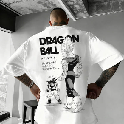 2026 Summer Dragon Ball Oversized T-shirt High Quality 100% Cotton Kid Goku with Power Pole Line Art Print UnisexCasual Y2K