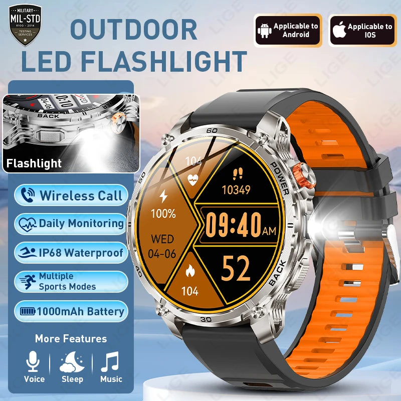 LIGE 2026 Nowy Wojskowy Smartwatch Męski Bateria 1000mAh Wodoodporny 5ATM GPS Rozmowy Bluetooth Wyświetlacz AMOLED Sportowy Smartwatch dla Mężczyzn