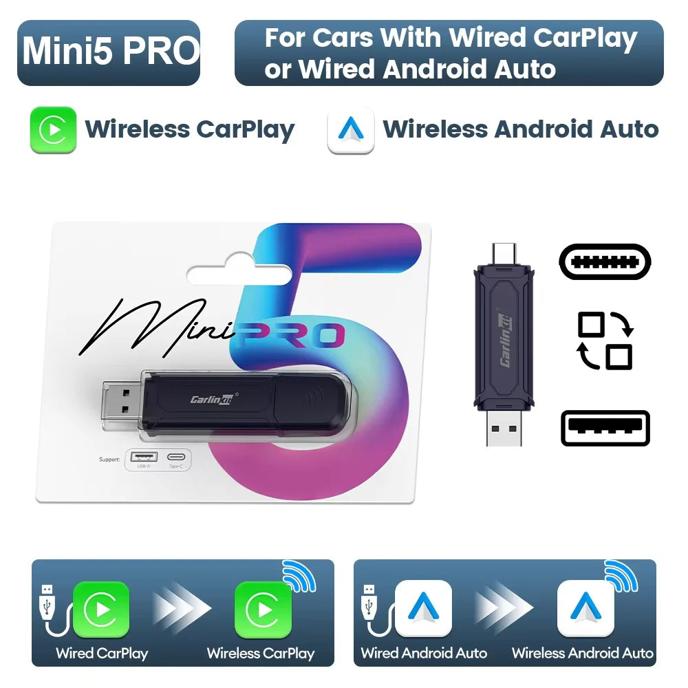 Mini 5 Pro CarlinKit 5.0 Wireless CarPlay Dongle Wireless Android Auto Adapter AI Smart Box Car Intelligent Systems For OEM Car