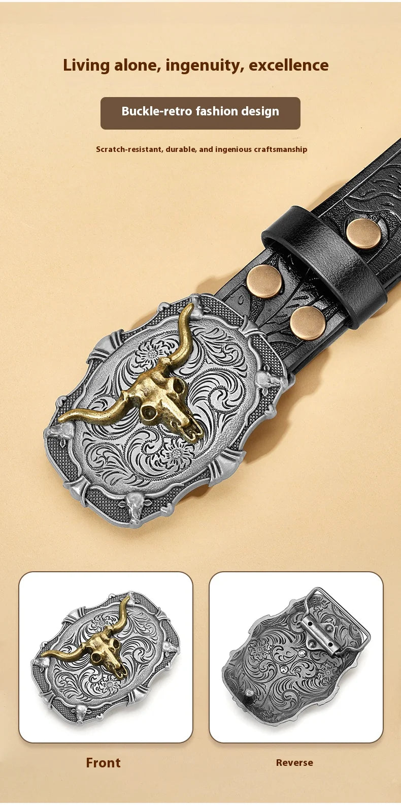 Western Cowboy PU Leather Belt - Men Waist Strap Bull Decoration Floral Engraved for Jeans