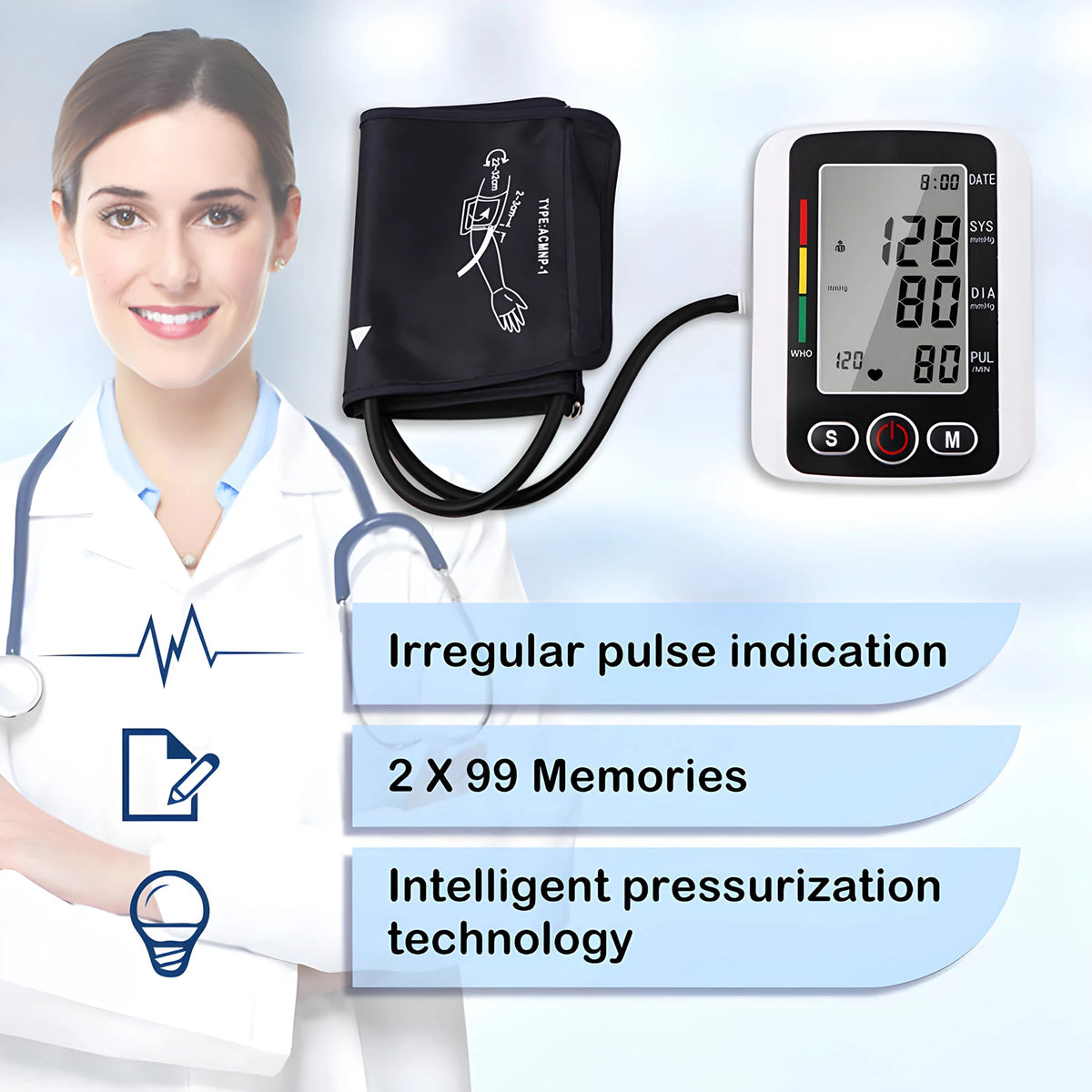Digital Blood Pressure Monitor Arm Sphygmomanometer Heart Rate Pulse Meters Big Screen Automatic Tonometer with Cuff