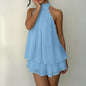 2026 Women's Elegant Halter Neck Sleeveless Ruffled Layered Chiffon Mini Dress Casual Summer Party Dress for Beach Vacation Y2K