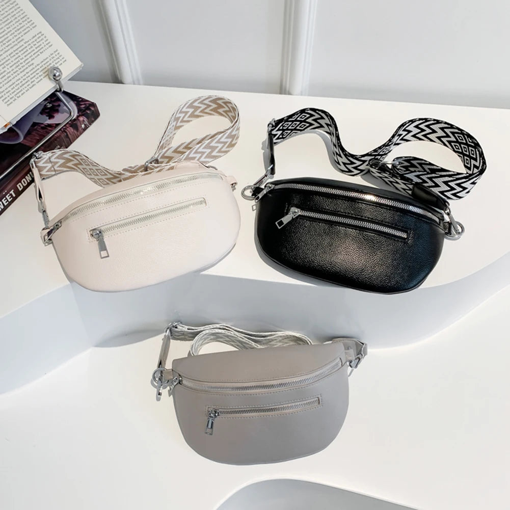 2024 Luxury Designer Women's Chest Bag PU Leather Wide Strap Shoulder Crossbody Bag Female Fashion Fanny Pack Banana Waist Bag