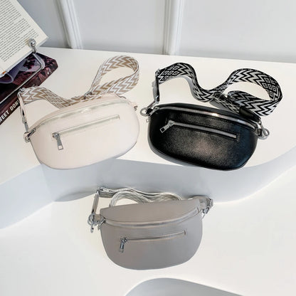 2024 Luxury Designer Women's Chest Bag PU Leather Wide Strap Shoulder Crossbody Bag Female Fashion Fanny Pack Banana Waist Bag