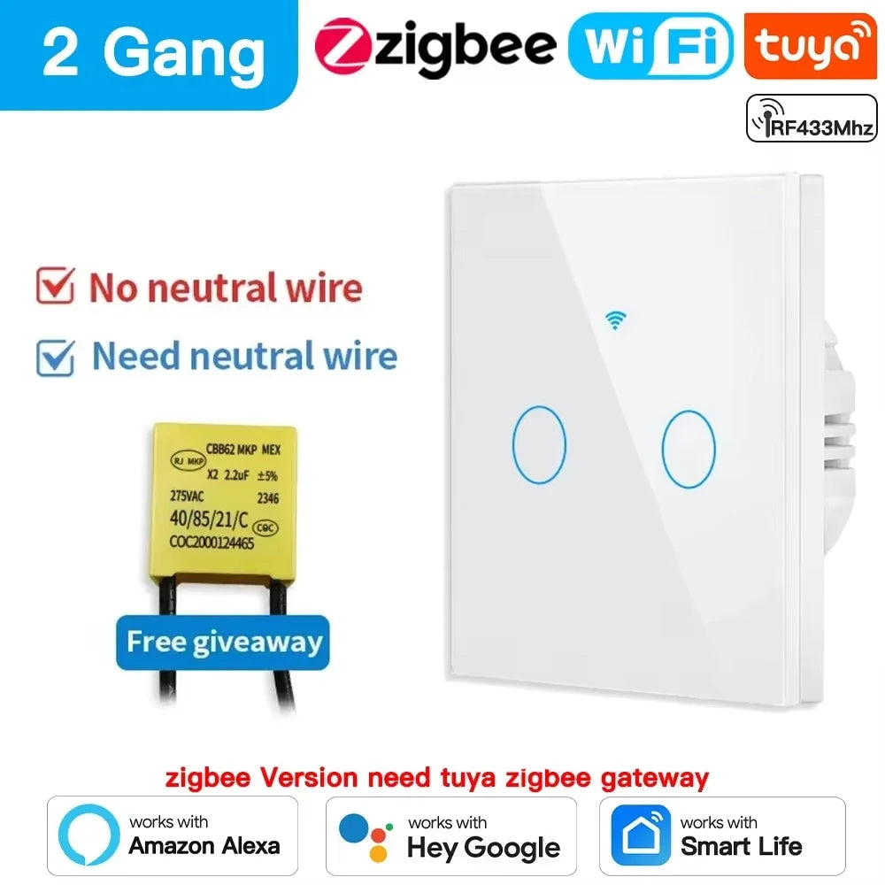 Tuya Wifi/Zigbee RF433 EU Smart Wall Switch 1/2/3/4 Gang Touch Sensor Button No-Neutral Wire,Voice With Alexa Google Home