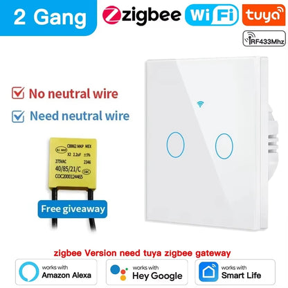 Tuya Wifi/Zigbee RF433 EU Smart Wall Switch 1/2/3/4 Gang Touch Sensor Button No-Neutral Wire,Voice With Alexa Google Home