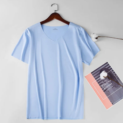 M-5XL Men's Ice Silk T-Shirt V-neck Quick Dry Seamless Short Sleeve Shirt Summer Male Casual Thin Solid Color Tees Undershirt