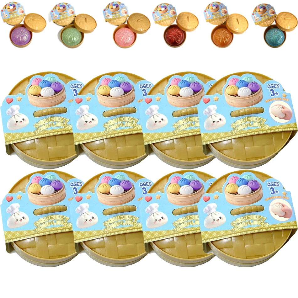 Colorful Dumpling Squishes Stress Balls Fidget Sensory Toys Simulation Food Squishies Bun with Steamer Squeeze Dough Ball Gifts