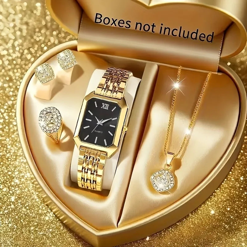 5PCS/Set Elegant Rectangle Women Watches Fashion Roma Dial Ladies Quartz Wristwatch Rhinestone Jewelry Set（Without Box）