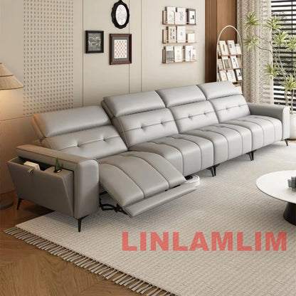 Modern Power Reclining Sofa with Adjustable Headrests – Genuine Leather Recliner Couch with USB, Side Storage and Cup Holders