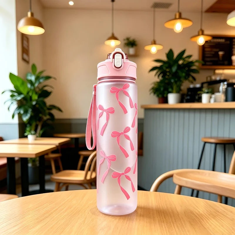 750ML Matte PC Water with Cute Bowknot Pattern Leakproof Includes Straw and Carry Handle Spring-Loaded Lid Bottle