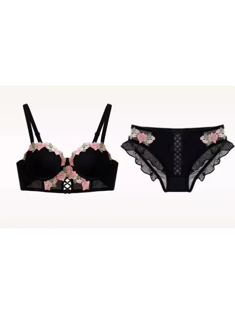 Women's Sweet Vintage Floral Embroidered Wireless Bra Set, Push Up Lace Bralette for Small Bust Daily Wear