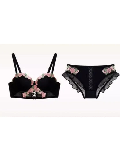 Women's Sweet Vintage Floral Embroidered Wireless Bra Set, Push Up Lace Bralette for Small Bust Daily Wear