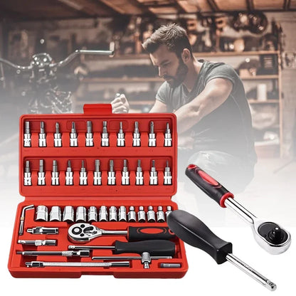 46pcs Family Tools 1/4 Inch Drive Socket Ratchet Wrench Set Complete Car Repair Kit for Motorcycle and Bicycle Maintenance Tools