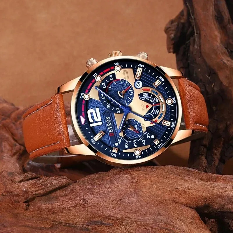 2PCS Set Luxury Brown Mens Quartz Watches Fashion Male Business Casual Wristwatch with Bracelet