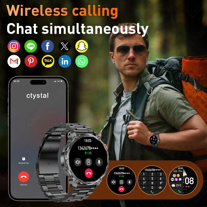 LIGE 2026 Nowy Wojskowy Smartwatch Męski Bateria 1000mAh Wodoodporny 5ATM GPS Rozmowy Bluetooth Wyświetlacz AMOLED Sportowy Smartwatch dla Mężczyzn