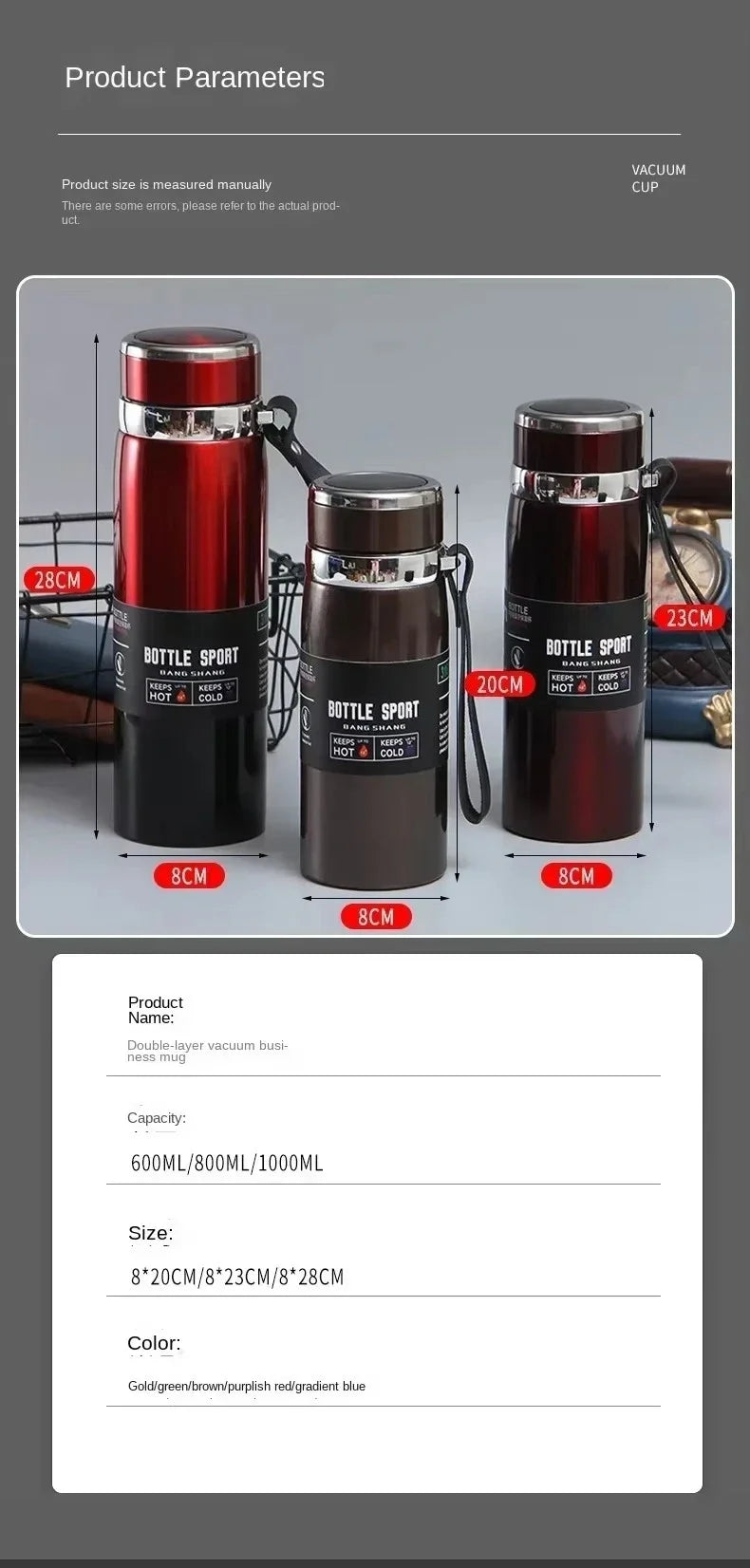 Portable 1L Stainless Steel Vacuum Flask, Insulated Water Thermos for Hot/Cold Coffee, Tea & Beverages