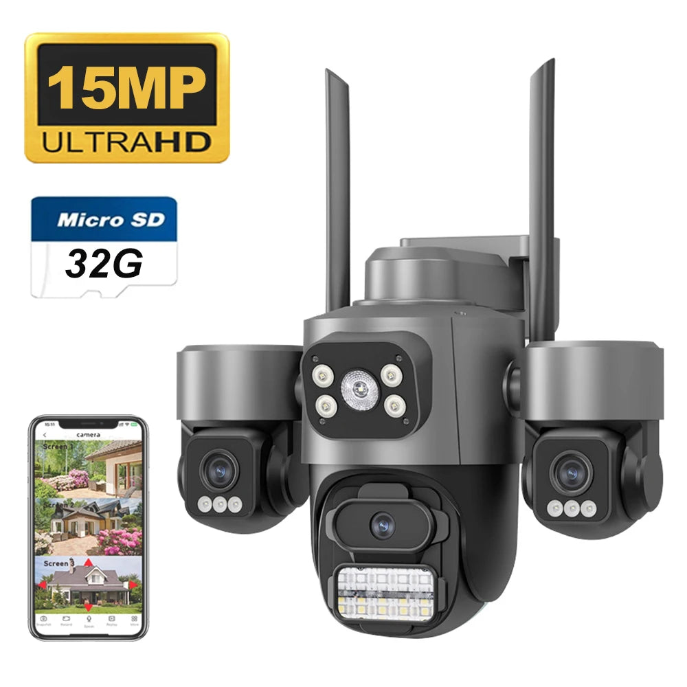15MP ICSEE Protocol Security Camera 3-HD Screens Auto Tracking Color Night Vision 2-Way Audio Outdoor WiFi CCTV Cam