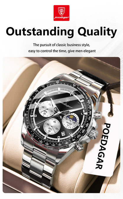 POEDAGAR Top Original Man Wristwatch Waterproof Stainless Steel Luminous Men Clock Chronograph Date Quartz Sports Men's Watches