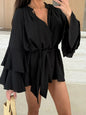 Women's V Neck Tie Waist Mini Dress With Tiered Bell Sleeves Casual Short Romper