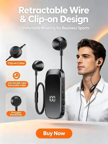 K30 Clip-on Bluetooth Headset with Digital Power Display, Retractable Earbud, 25H Talk Time & 300H Standby, Handsfree Wireless E