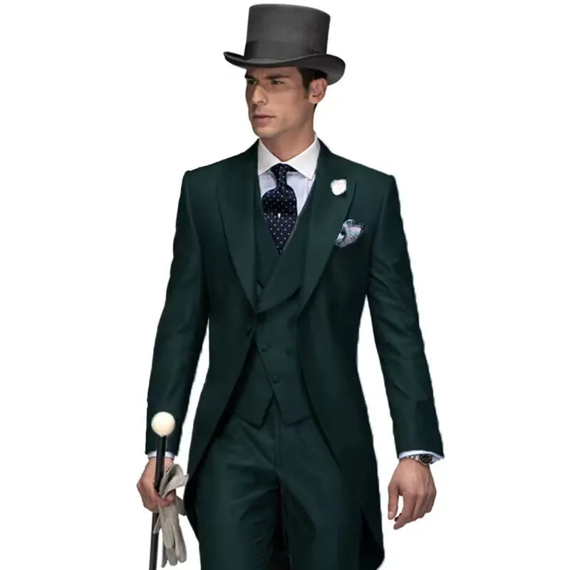 3 Piece Solid Men Suit Wedding Groom Tuxedo Long Blazer Best Man Formal Prom Male Suit Fashion Costume Homme (Jacket+Vest+Pants)