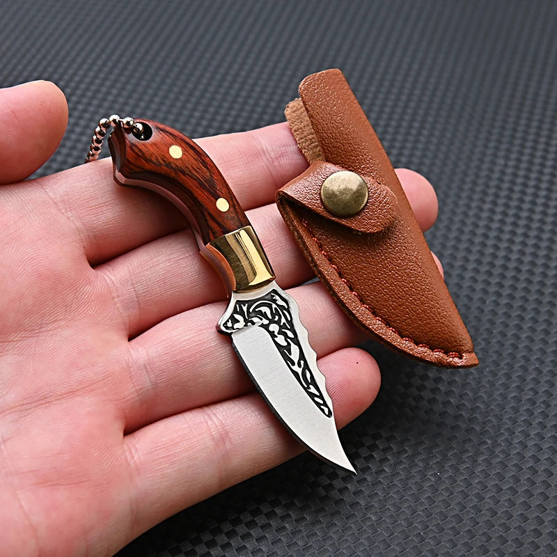Portable Mini Knife Brass Wood Unboxing Hollow Blade EDC Fixed Blade Leather Cover Cutter Outdoor Surivival Tools Gift