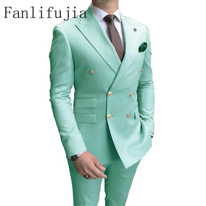 Fanlifujia Double Breasted Men Suit Pink Two Pieces Slim Fit 2024 Italian Wedding Costume Party Prom Gold Button Male Suit