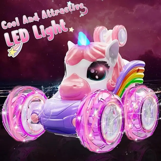 Unicorn Remote Control Car for Girls, 360° Rotating 4WD Stunt RC Cars with Cute Lights, Rechargeable Toys-Kid for Birthday Gifts
