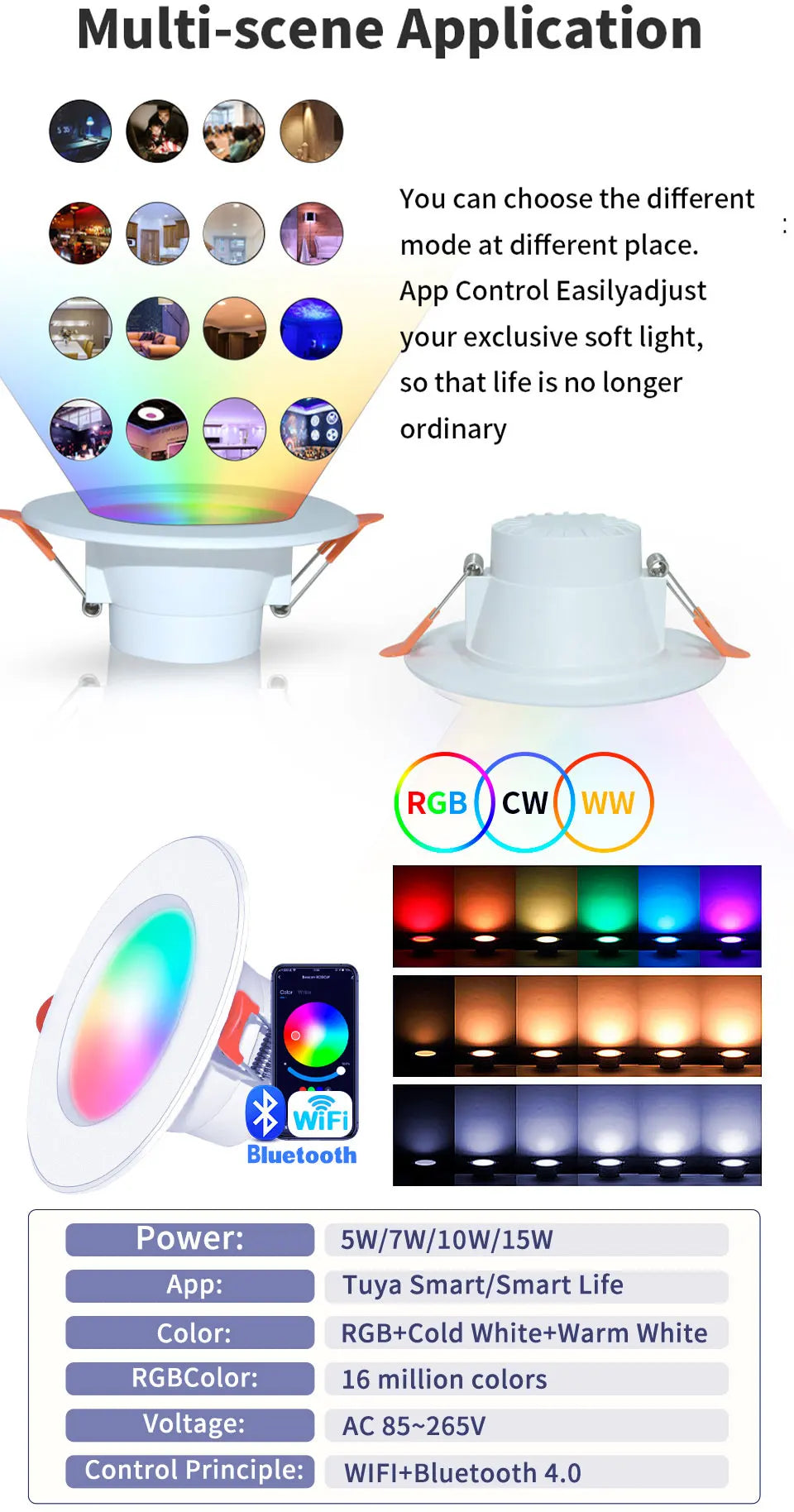 Tuya WiFi ZigBee LED Downlight 5W 7W 10W 15W RGB Smart Ceiling Lamp AC85-265V Dimmable APP Remote Control Smart Life For Bedroom