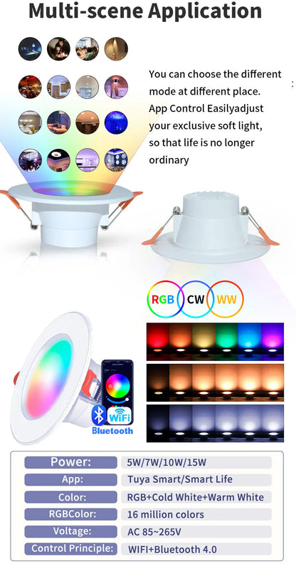 Tuya WiFi ZigBee LED Downlight 5W 7W 10W 15W RGB Smart Ceiling Lamp AC85-265V Dimmable APP Remote Control Smart Life For Bedroom