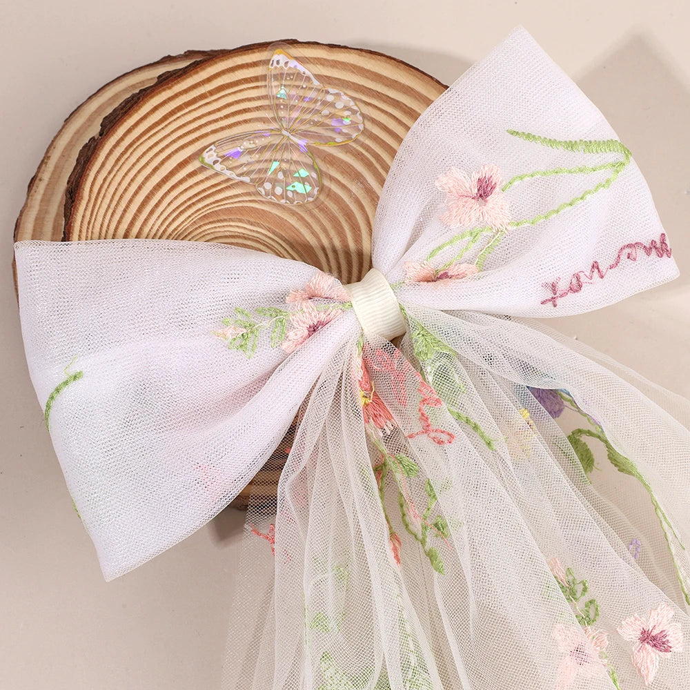 White Tulle Hair Clips For Girls Fairy Mesh Bow Large Hairpin Flower Barrette Summer Party Wedding Women Headdress Accessories