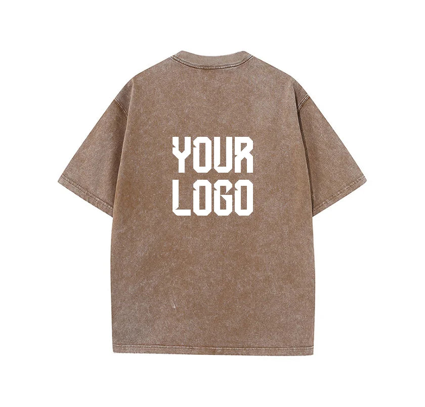 European washed retro round neck short sleeved shirt for men and women, 100% pure cotton, customizable logo