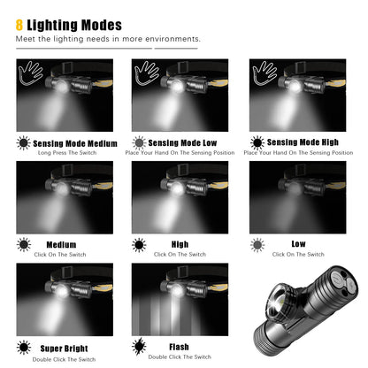LED Wave Hand Induction Headlamp Sensor Headlight USB C 18650 Magnetic Tail Head Torch Camping Hunting Lamp Zoomable Flash light