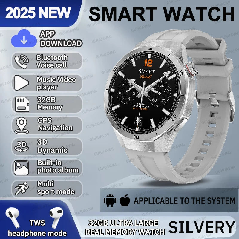 2025 NEW Fashion Men 32GB Big Memory SmartWatch APP Download TWS 3D Menu GPS Navigation Video Play Motion HD Call Watch GUHUAVMI